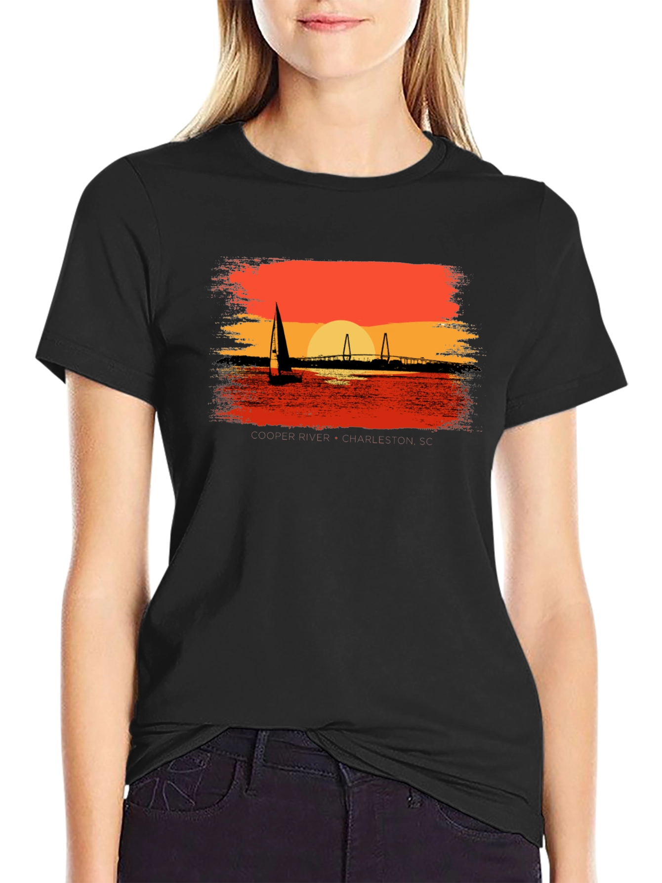 Sunset Sailboat Graphic Tee - Black Cotton T-Shirt