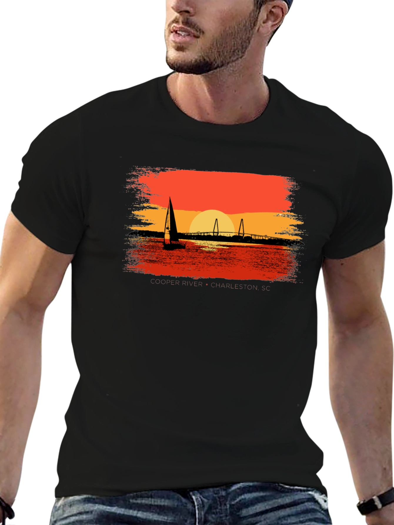 Sunset Sailboat Graphic Tee - Black Cotton T-Shirt