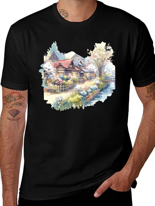 Japanese Village Watercolor Graphic T-Shirt