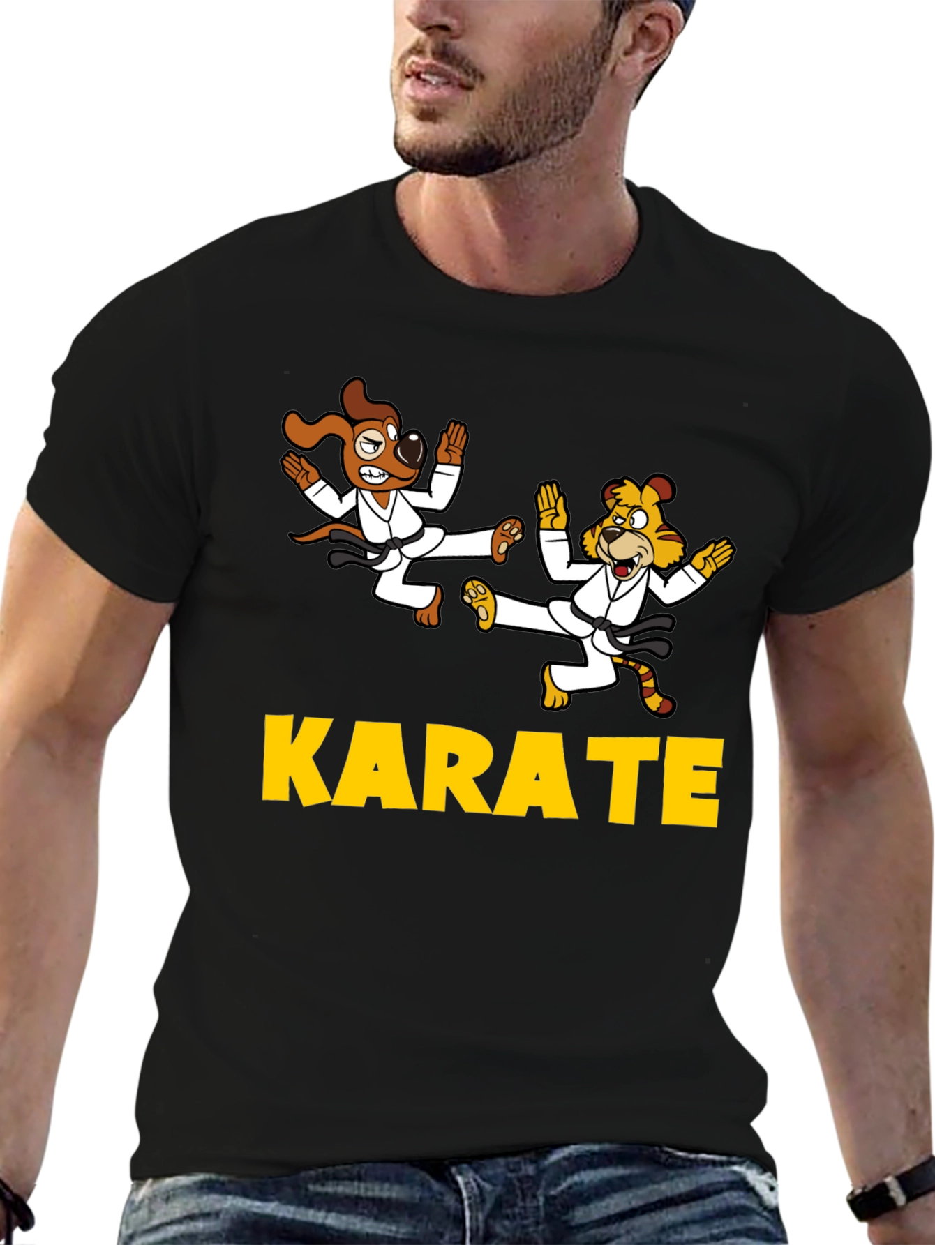 Karate Dog & Tiger Black T-Shirt