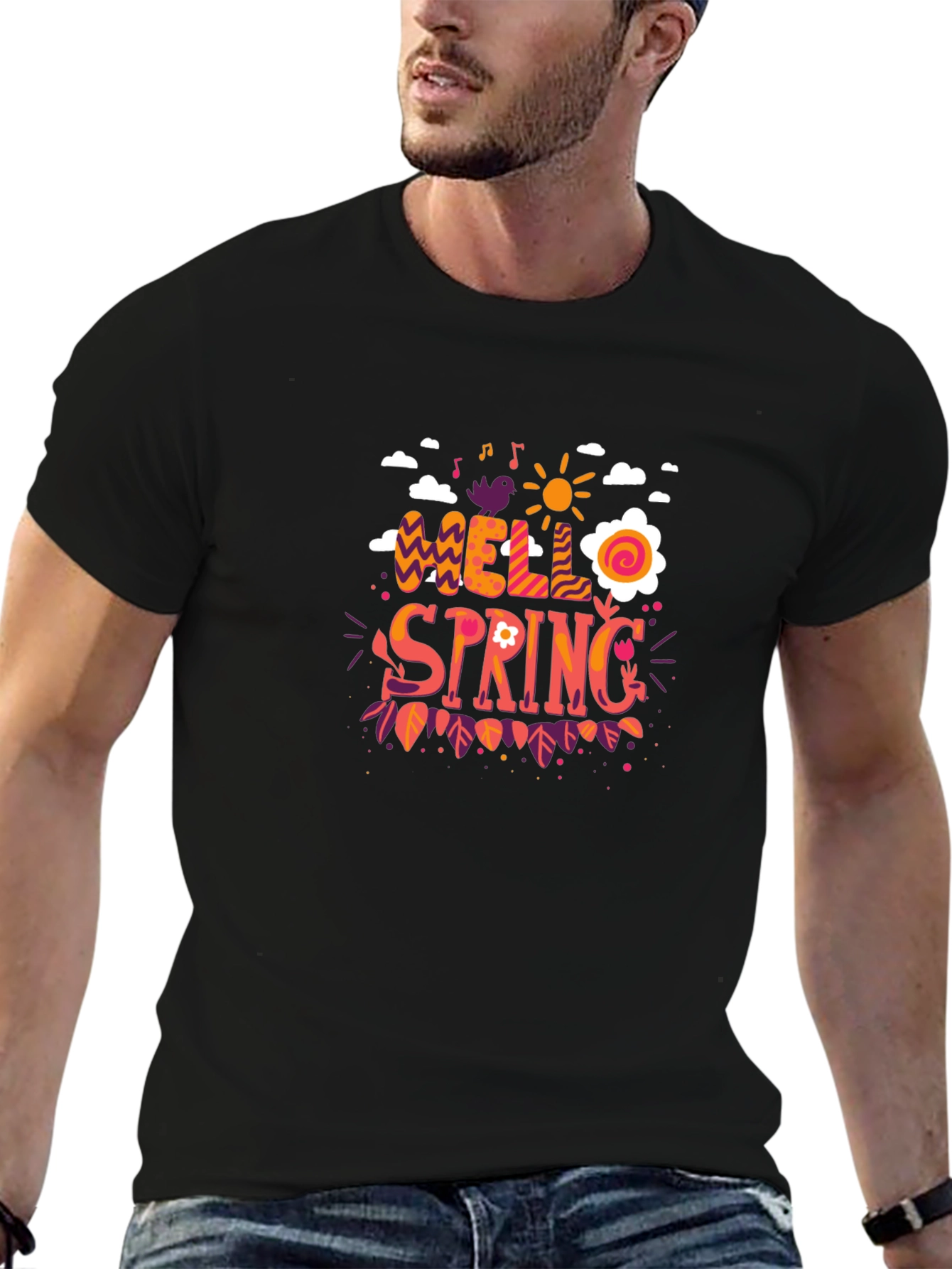 Hello Spring Graphic Black T-Shirt