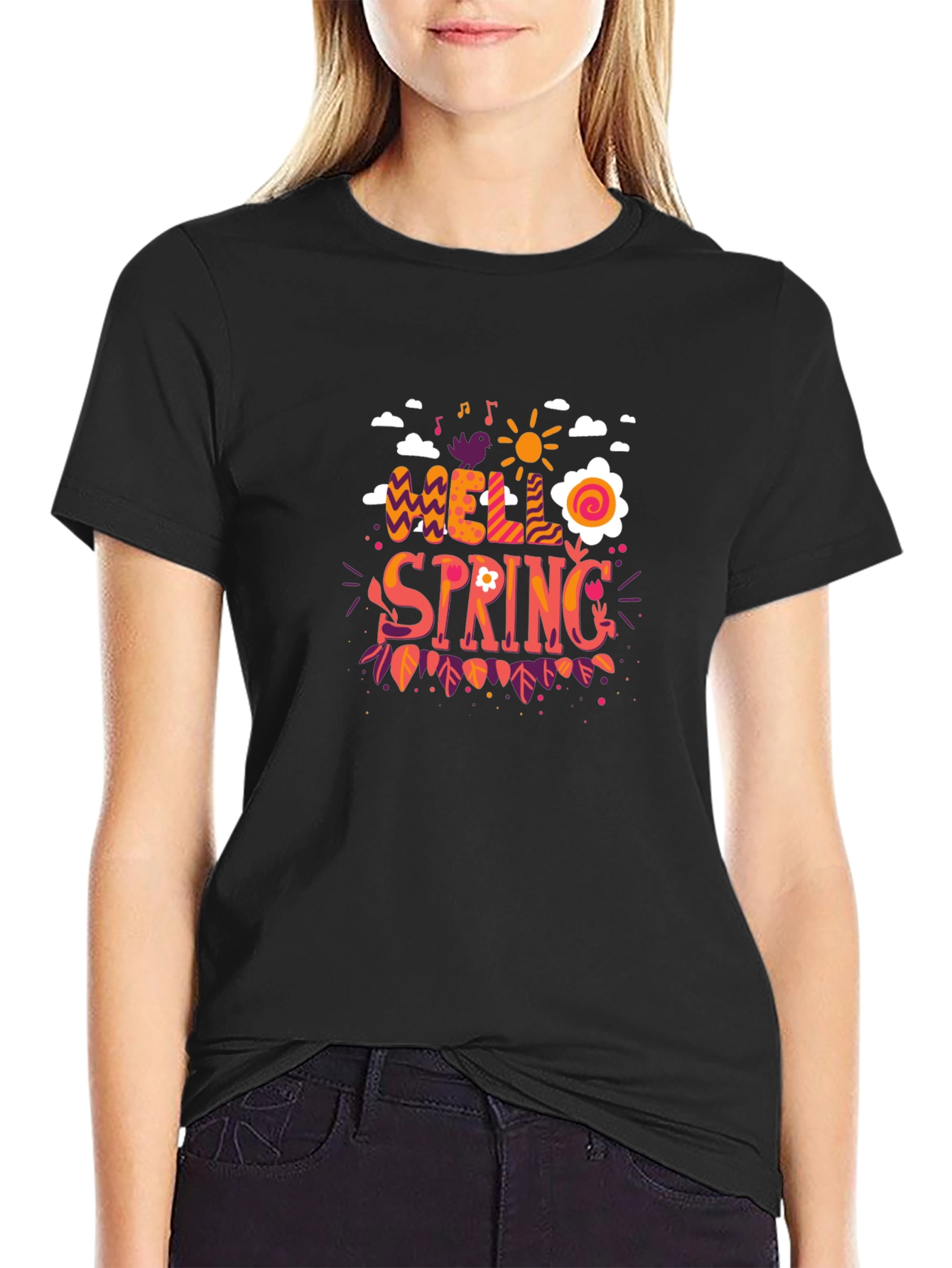 Hello Spring Graphic Black T-Shirt