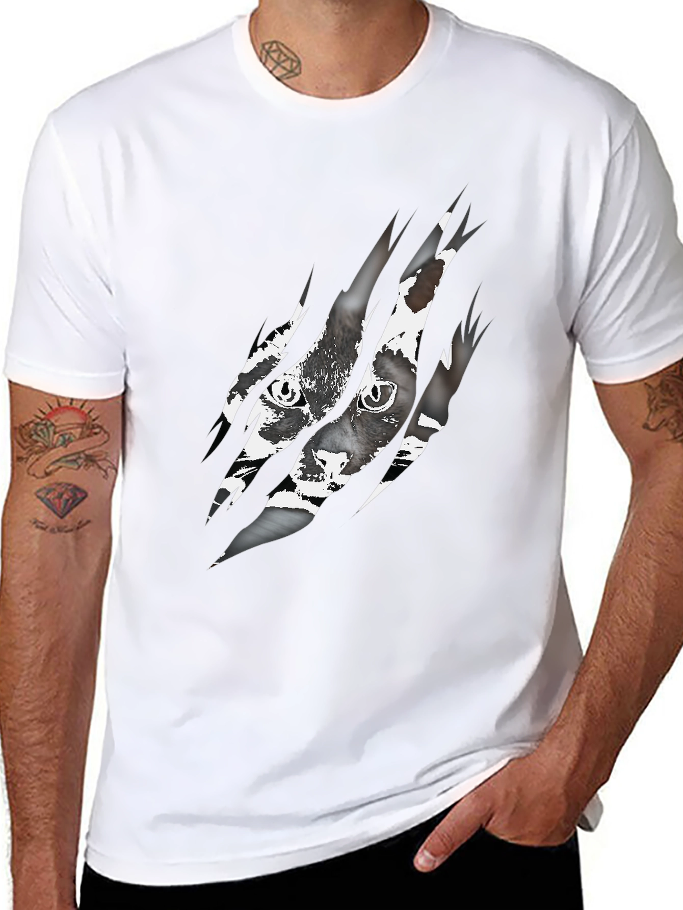 Ripped Cat Graphic Tee - Claw Marks Reveal Feline