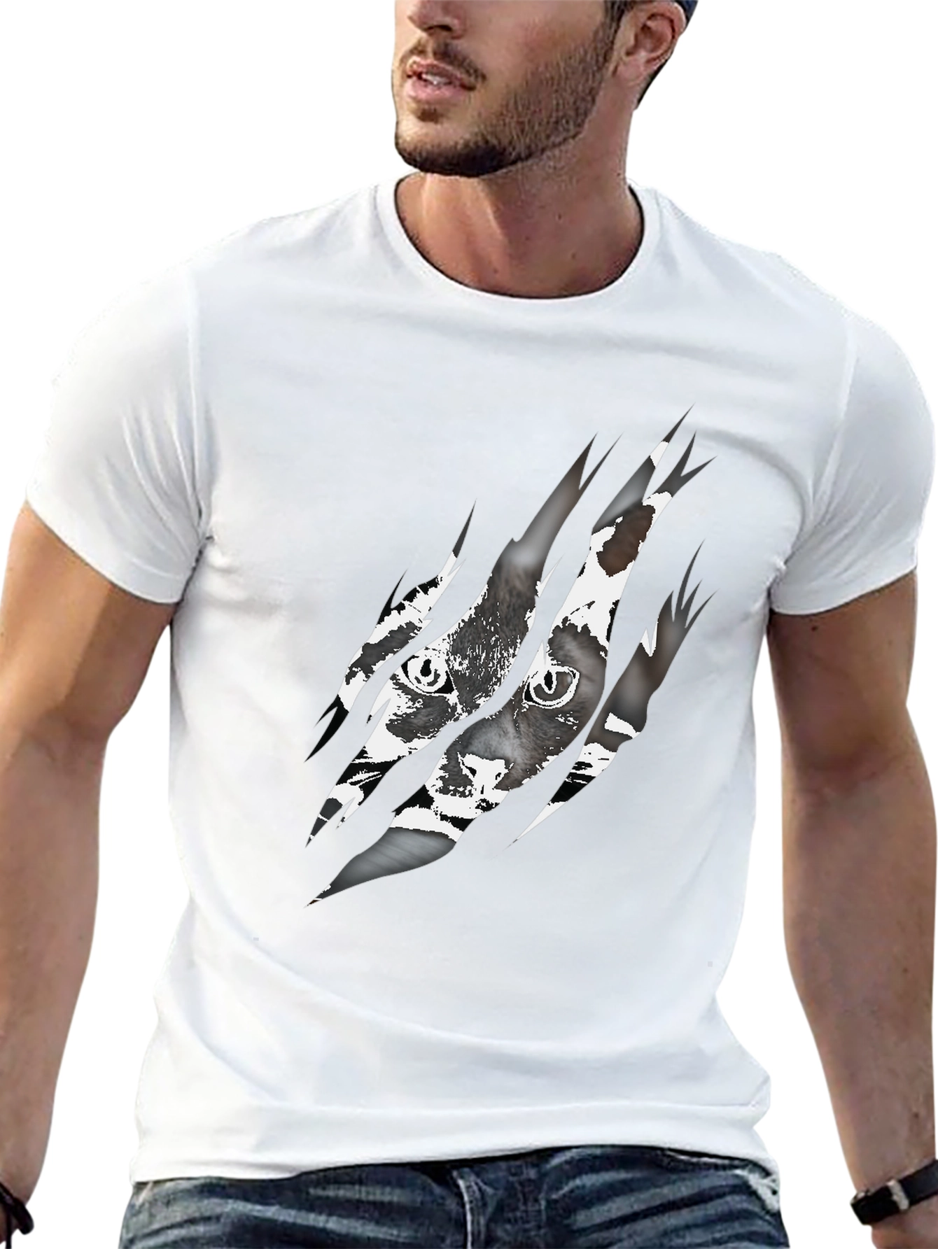 Ripped Cat Graphic Tee - Claw Marks Reveal Feline
