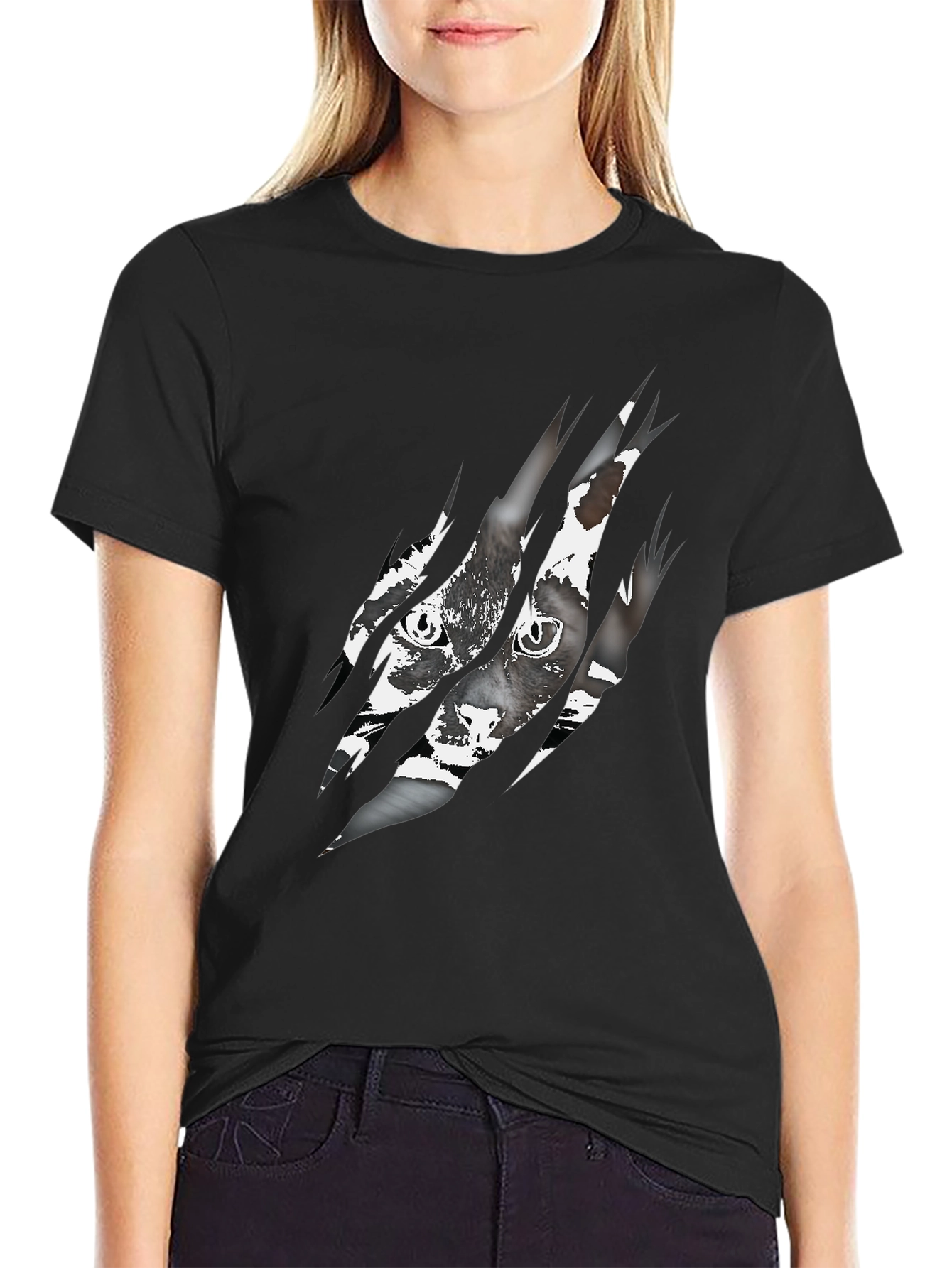 Ripped Cat Graphic Tee - Claw Marks Reveal Feline