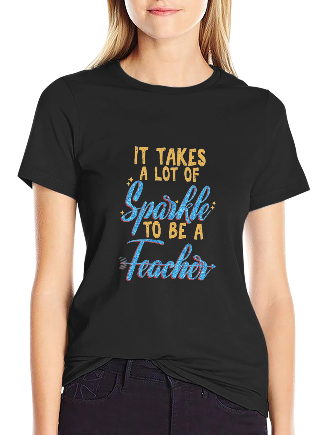 Sparkle Teacher Graphic Tee - Black Cotton T-Shirt