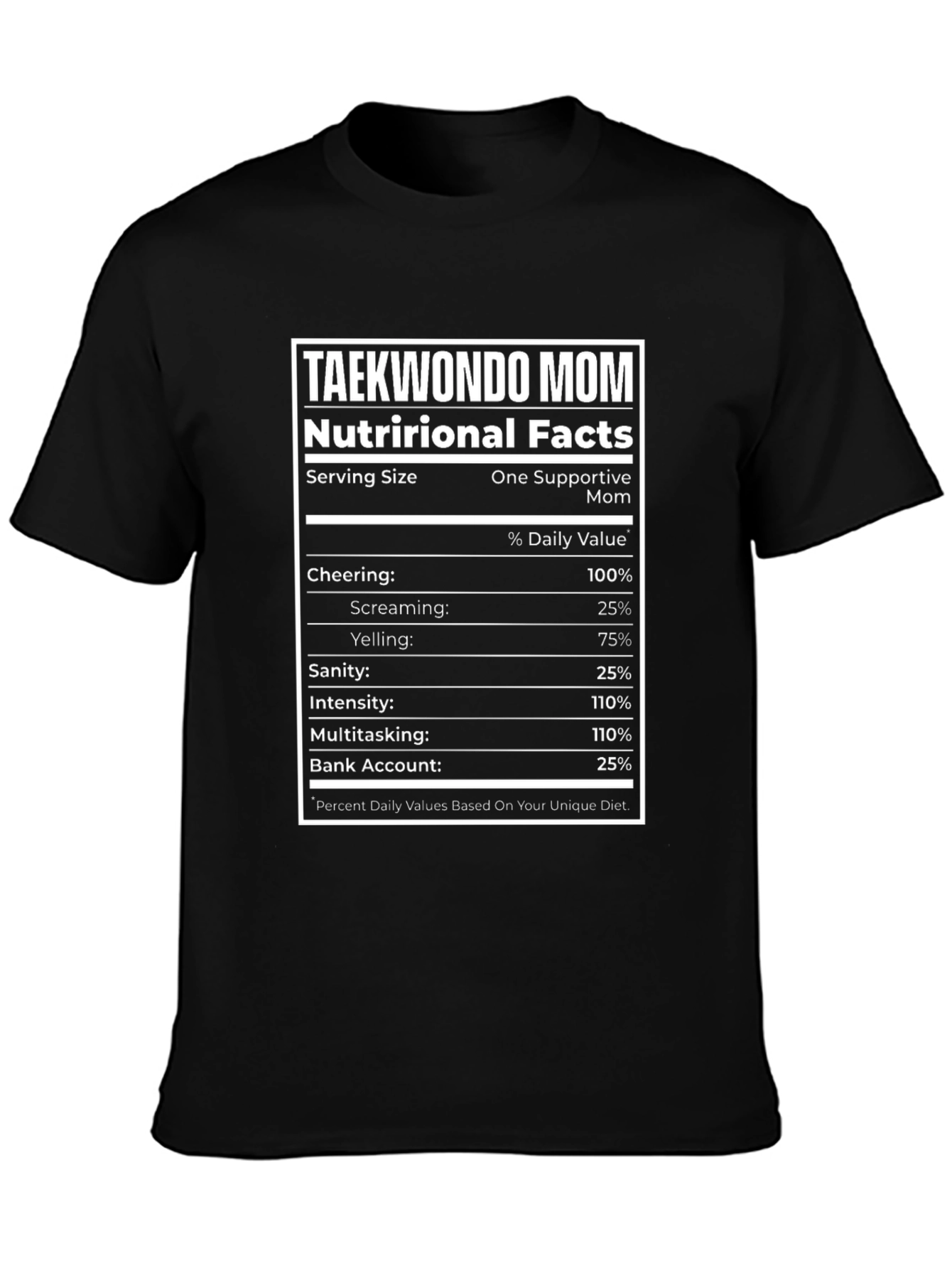 Taekwondo Mom Nutrition Facts Black T-Shirt