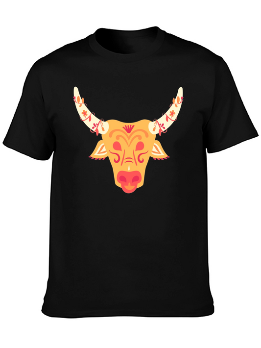 Festive Bull Graphic Tee - Black Cotton T-Shirt