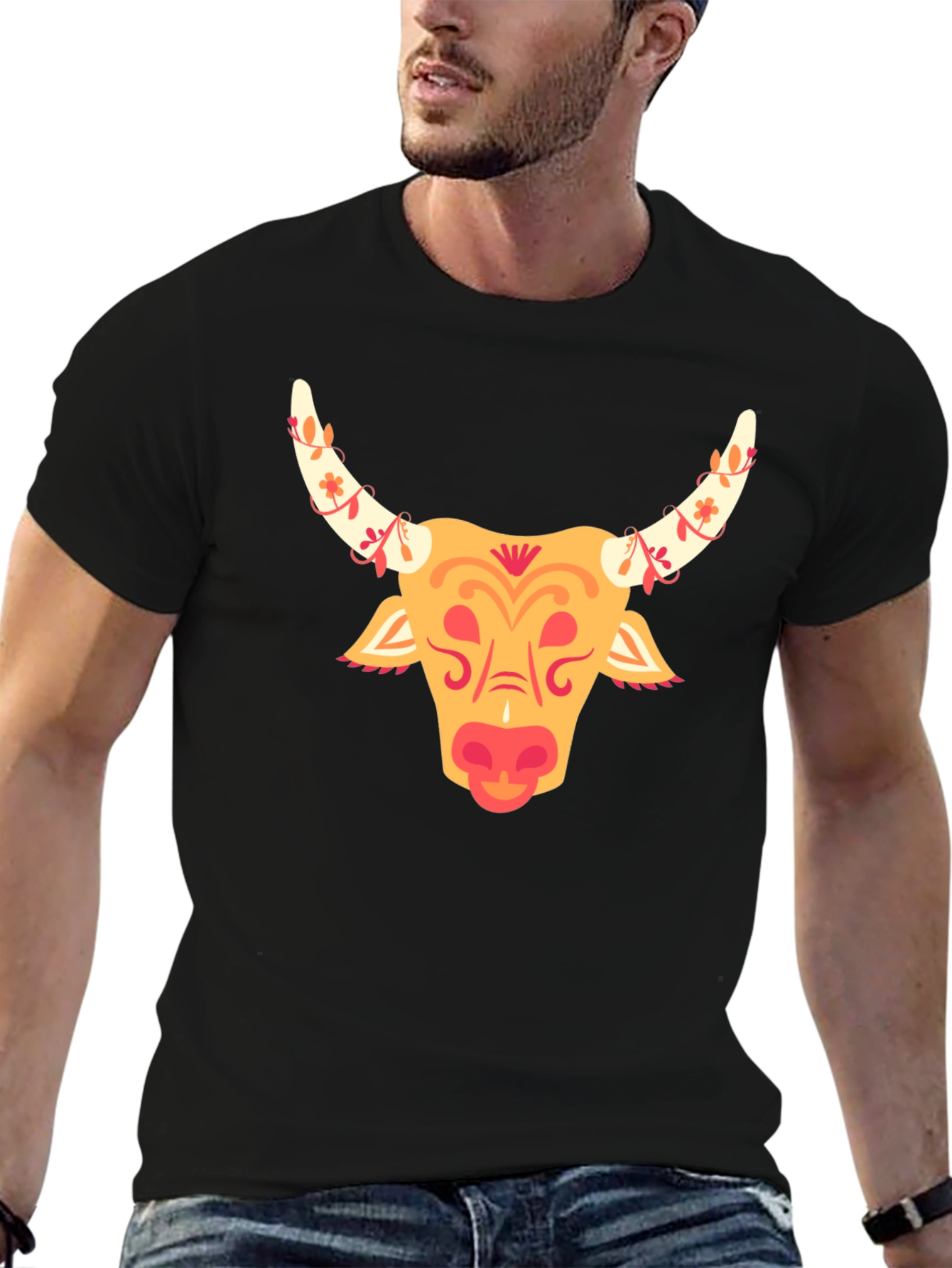 Festive Bull Graphic Tee - Black Cotton T-Shirt