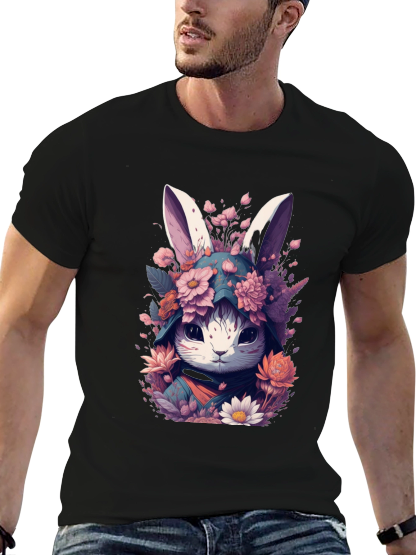 Floral Bunny Graphic Tee - Black