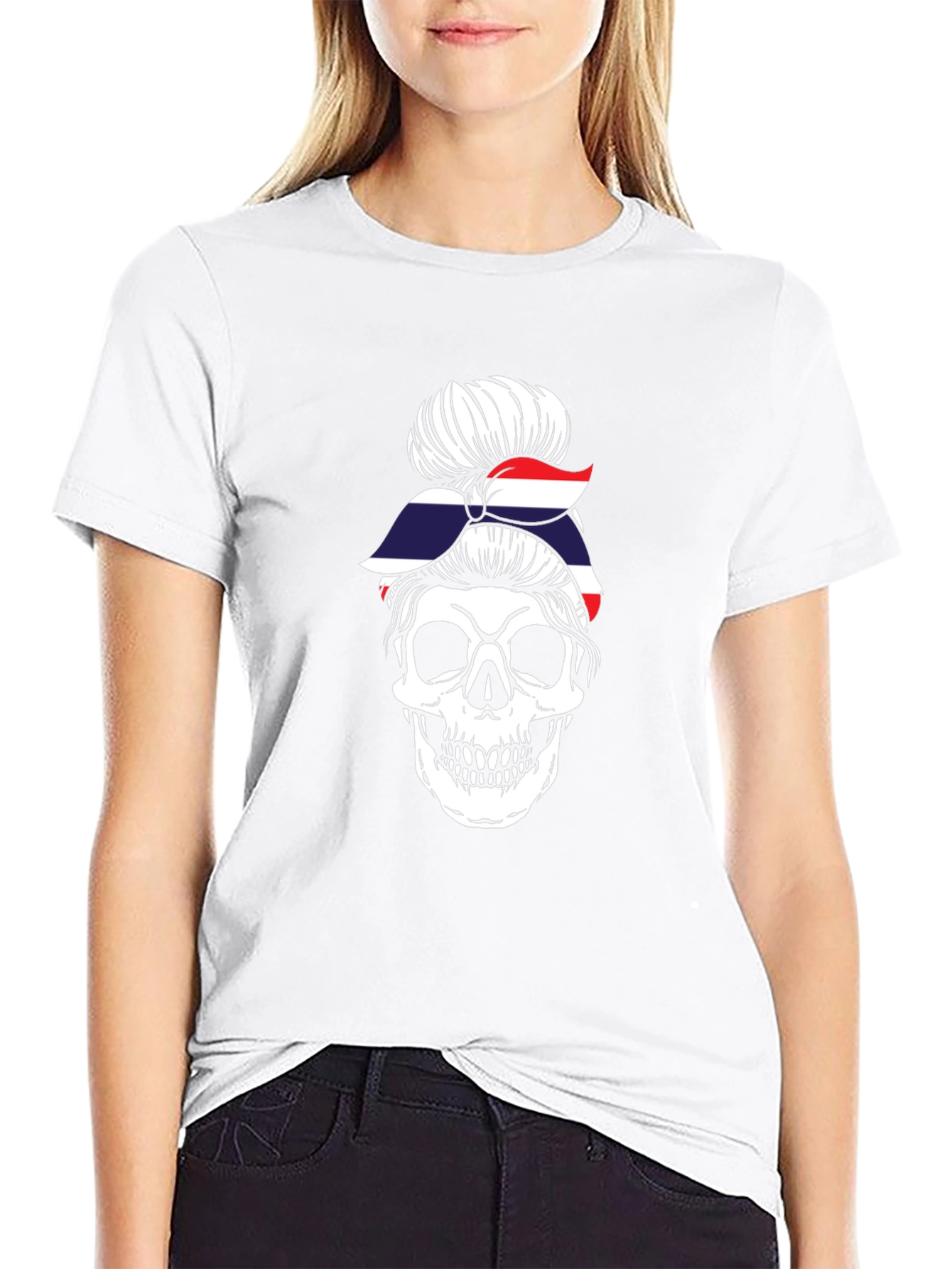 Skull Messy Bun Thailand Flag T-Shirt
