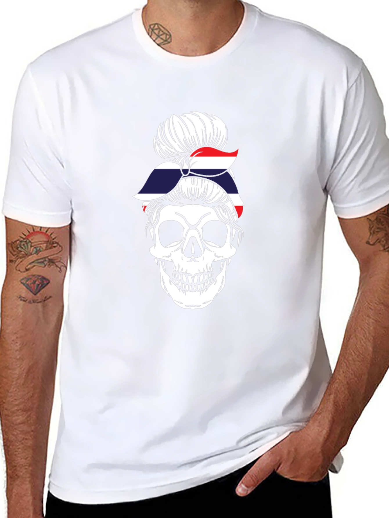 Skull Messy Bun Thailand Flag T-Shirt