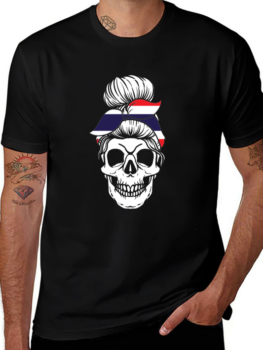 Skull Messy Bun Thailand Flag T-Shirt