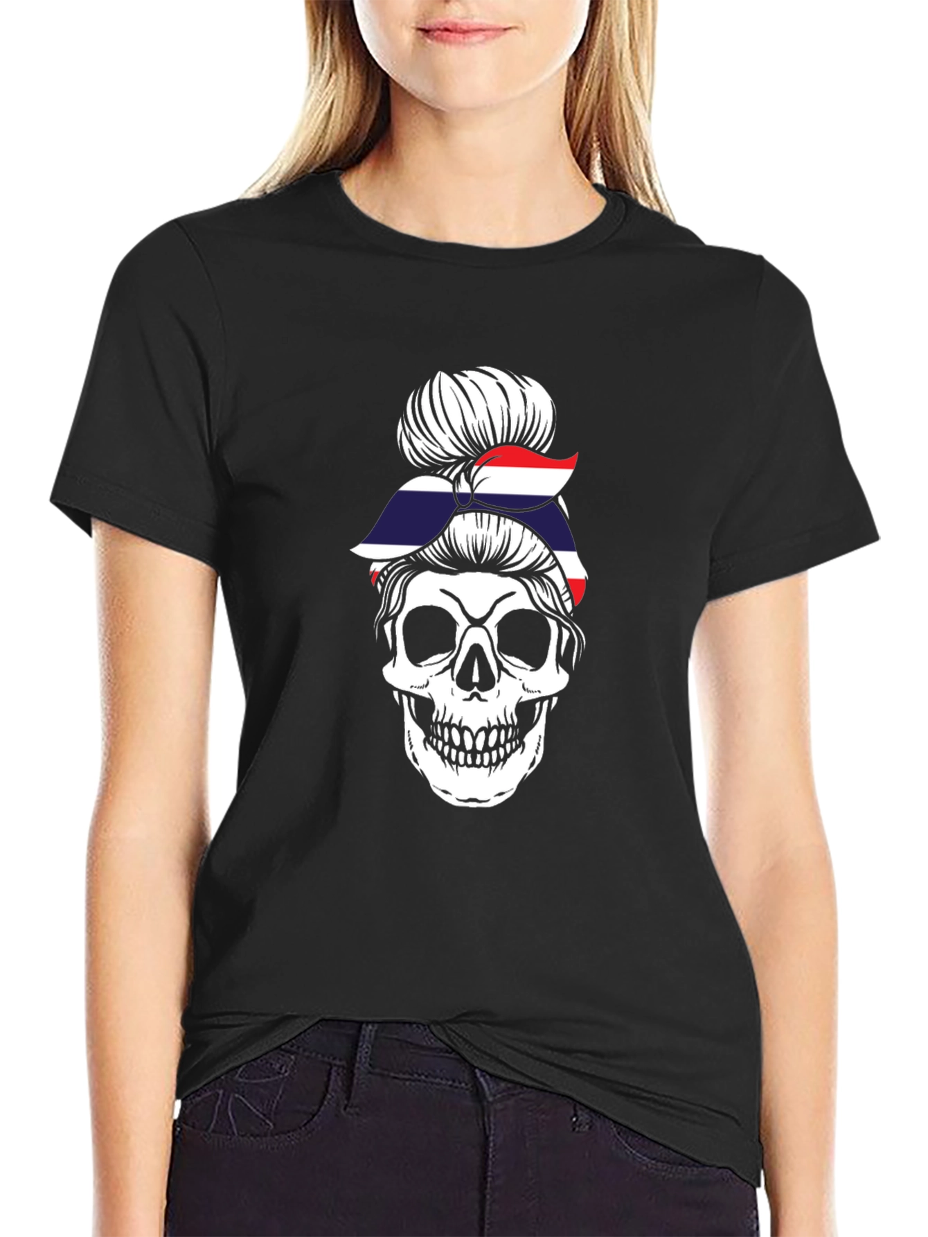 Skull Messy Bun Thailand Flag T-Shirt
