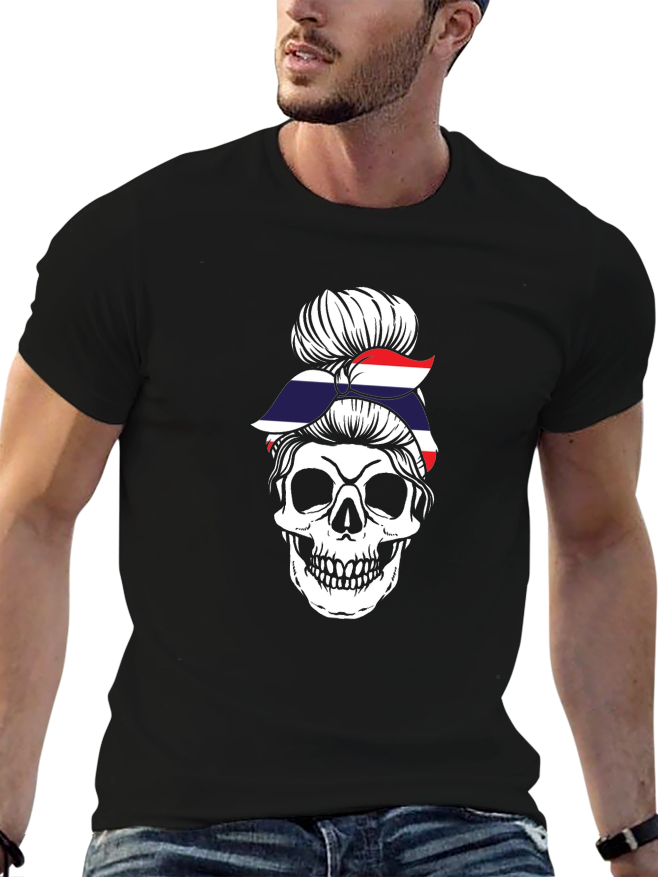 Skull Messy Bun Thailand Flag T-Shirt