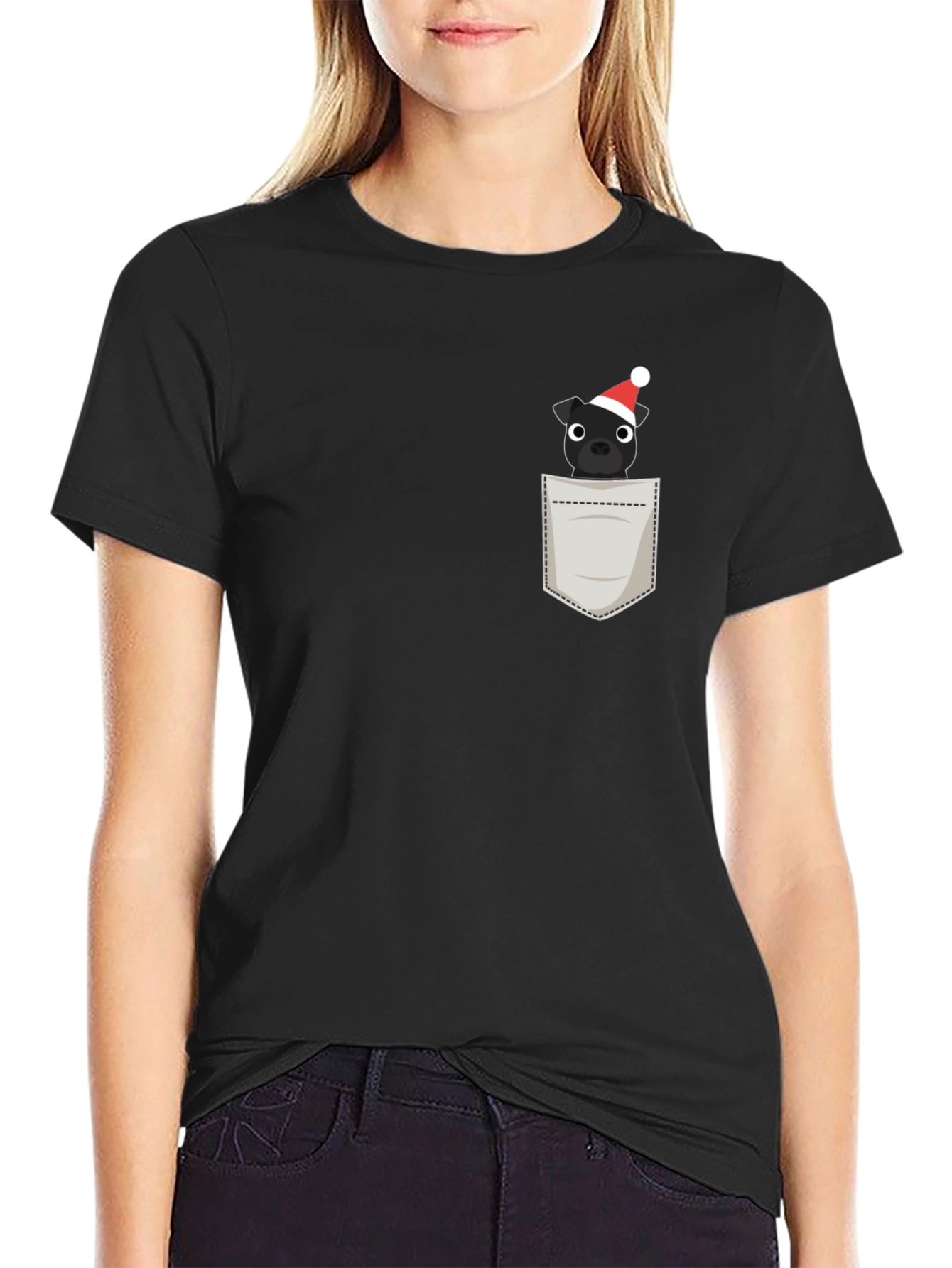 Festive Pocket Pup Tee - Black Cotton Blend