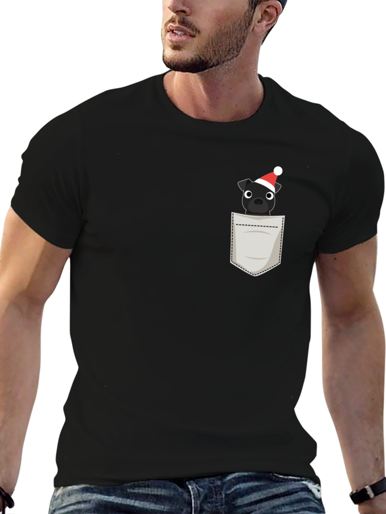 Festive Pocket Pup Tee - Black Cotton Blend