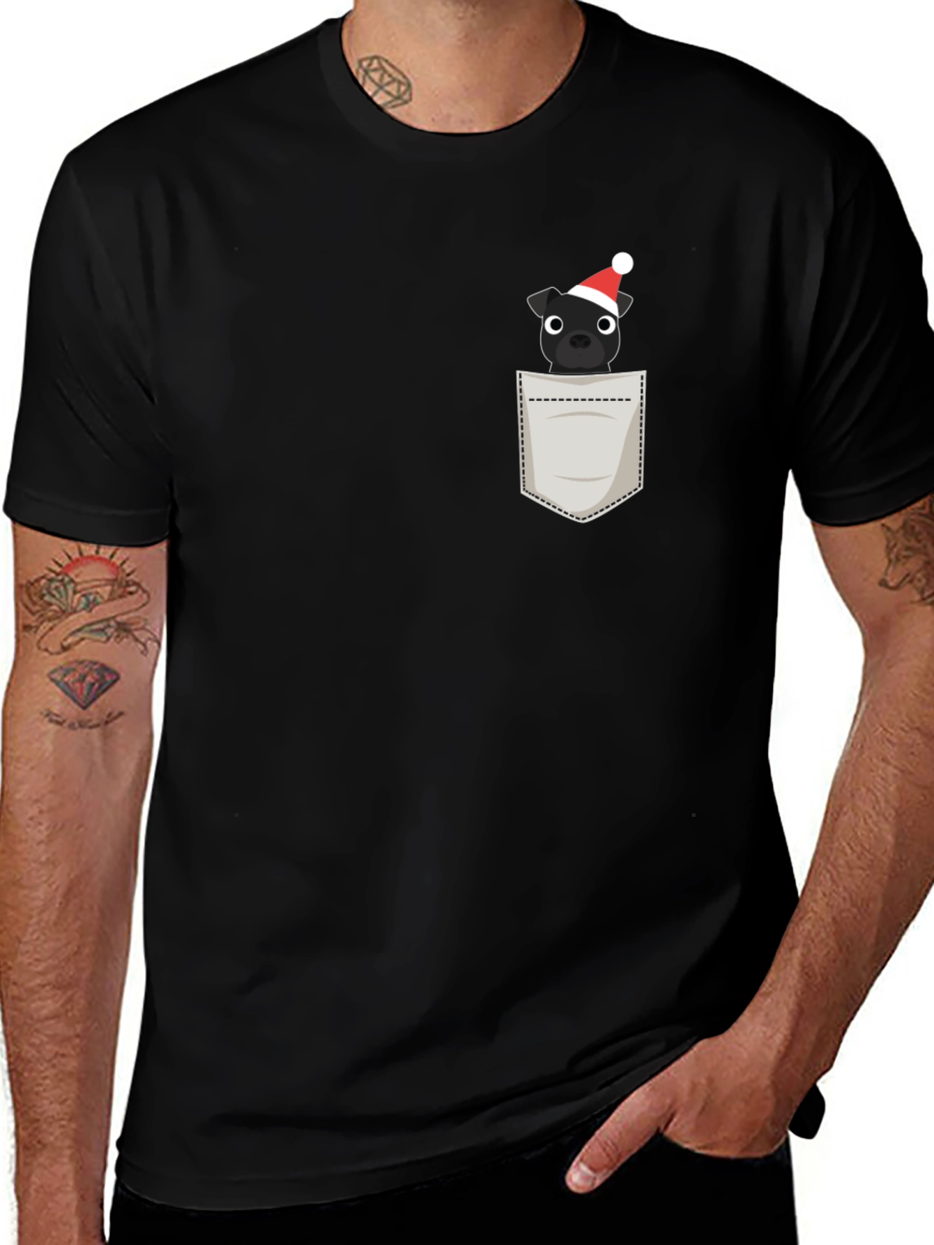 Festive Pocket Pup Tee - Black Cotton Blend