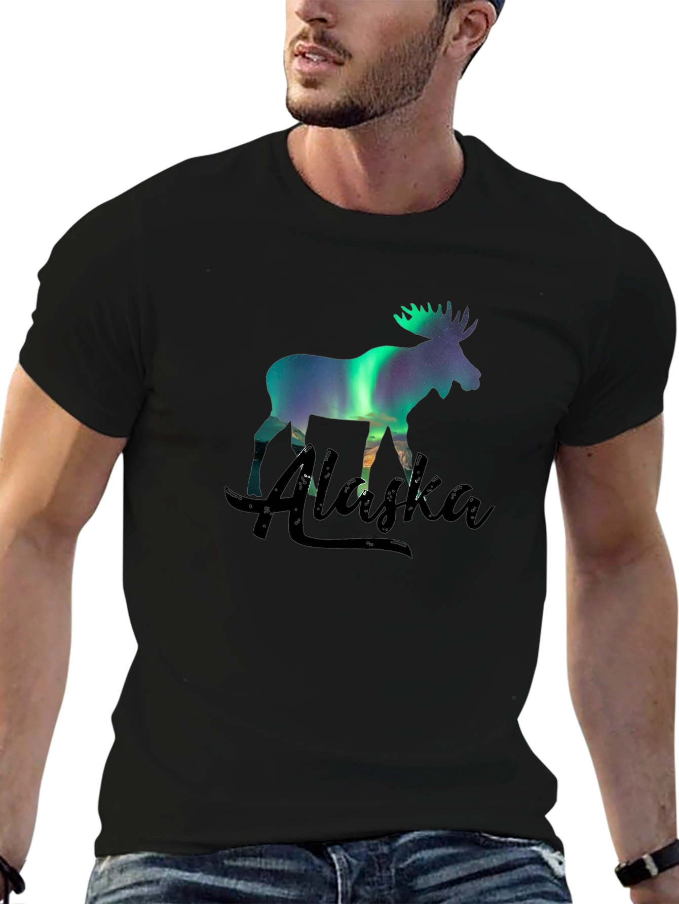Alaska Moose Northern Lights Graphic T-Shirt