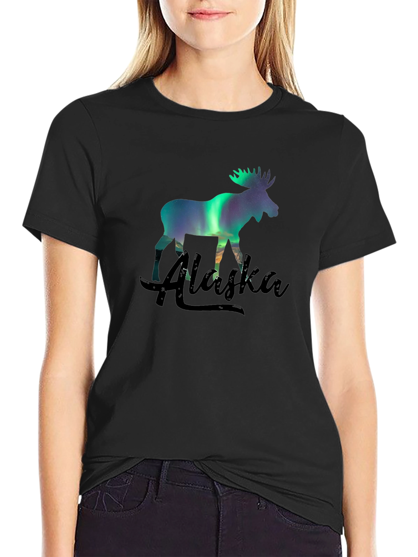 Alaska Moose Northern Lights Graphic T-Shirt