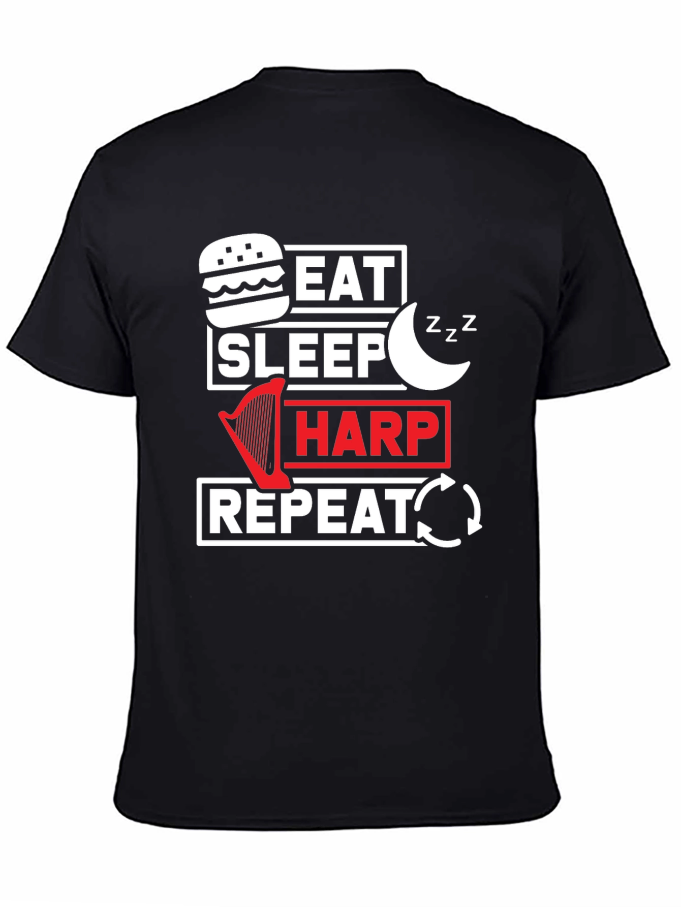 Eat Sleep Harp Repeat Black Graphic Tee