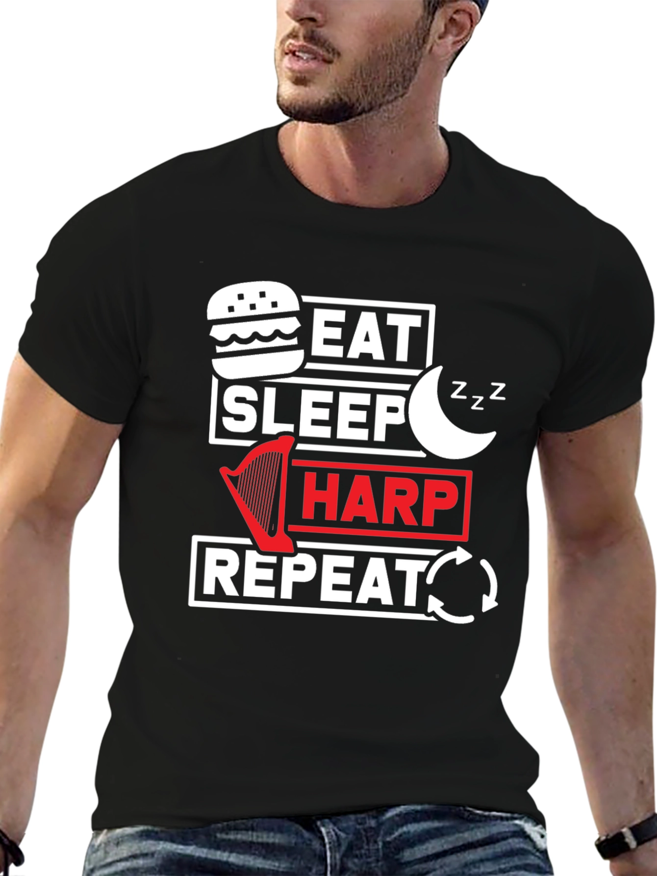 Eat Sleep Harp Repeat Black Graphic Tee