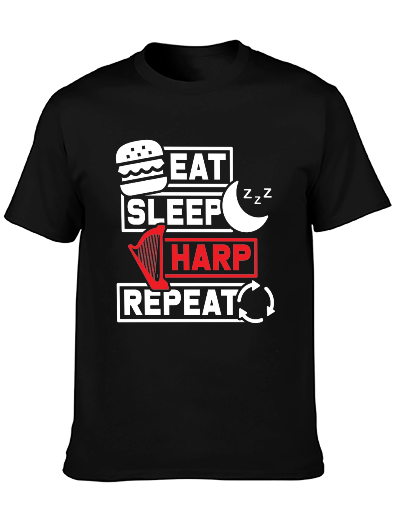 Eat Sleep Harp Repeat Black Graphic Tee