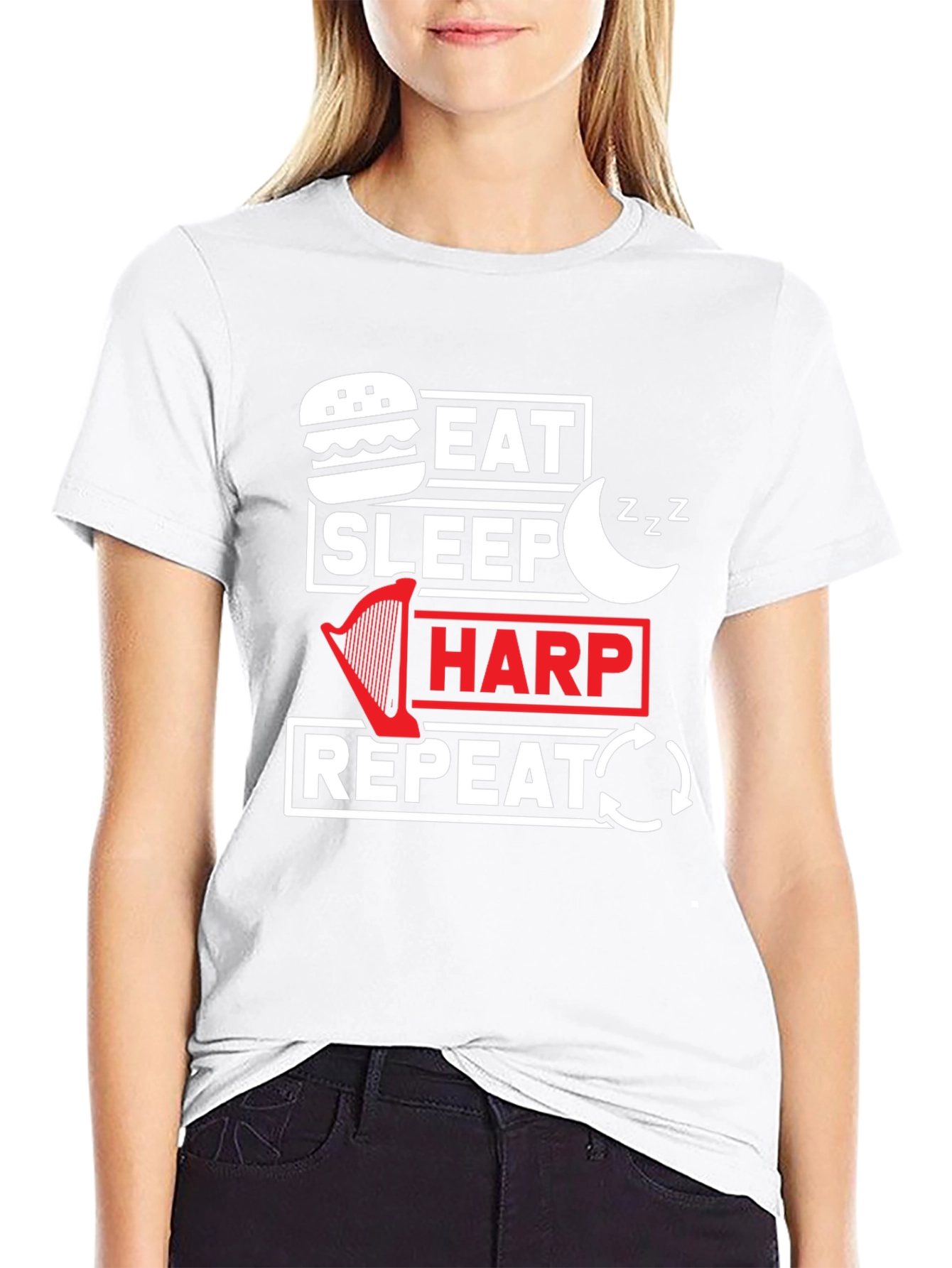 Eat Sleep Harp Repeat Black Graphic Tee