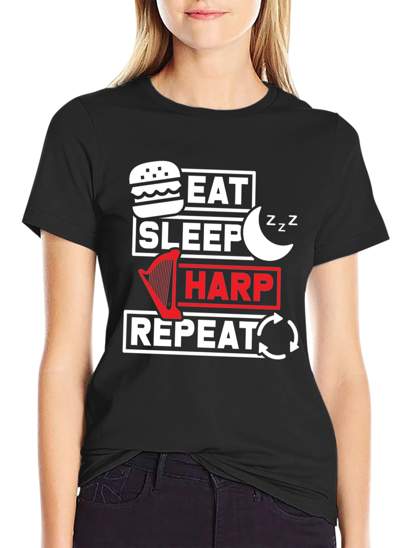 Eat Sleep Harp Repeat Black Graphic Tee