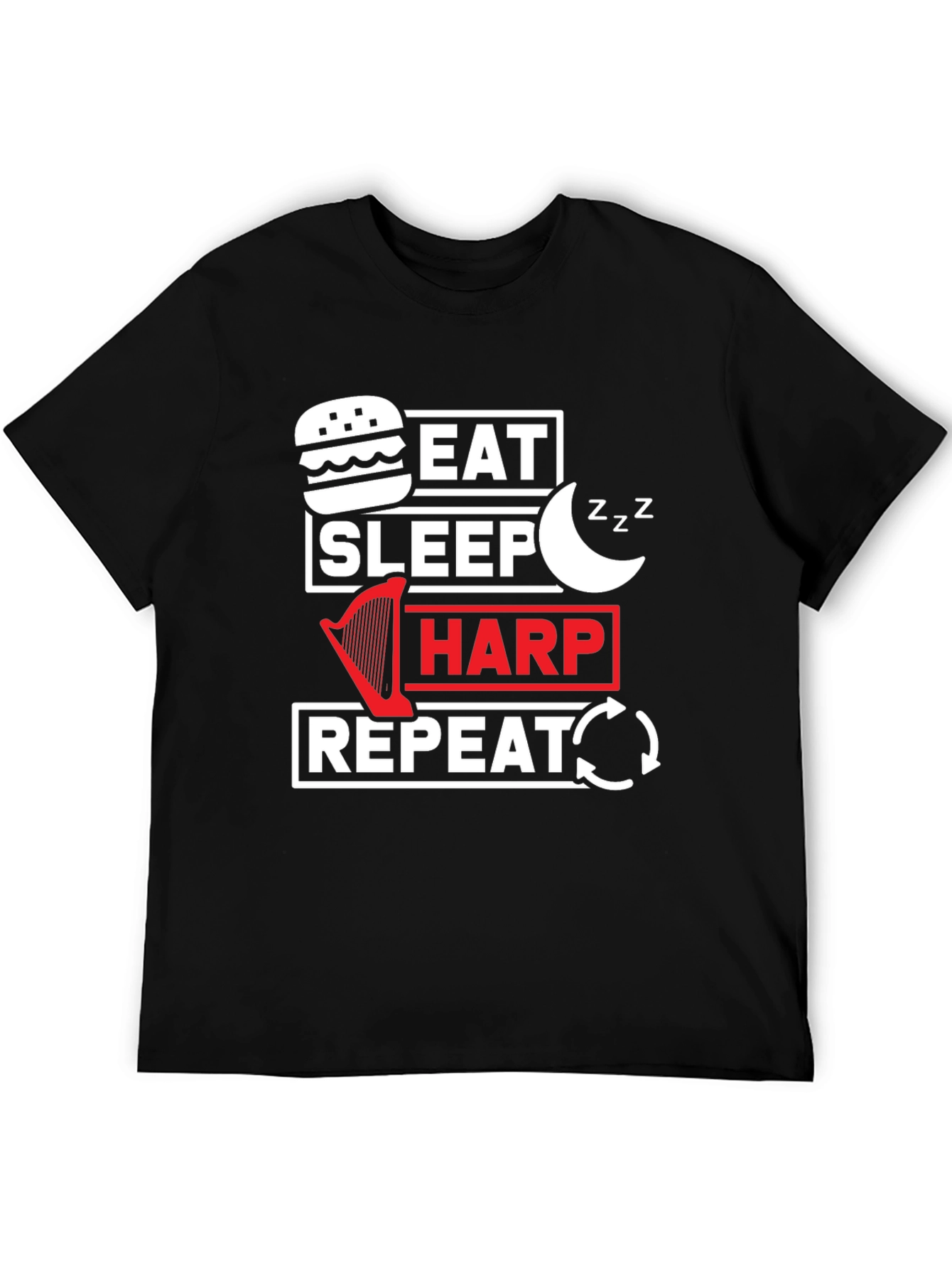 Eat Sleep Harp Repeat Black Graphic Tee