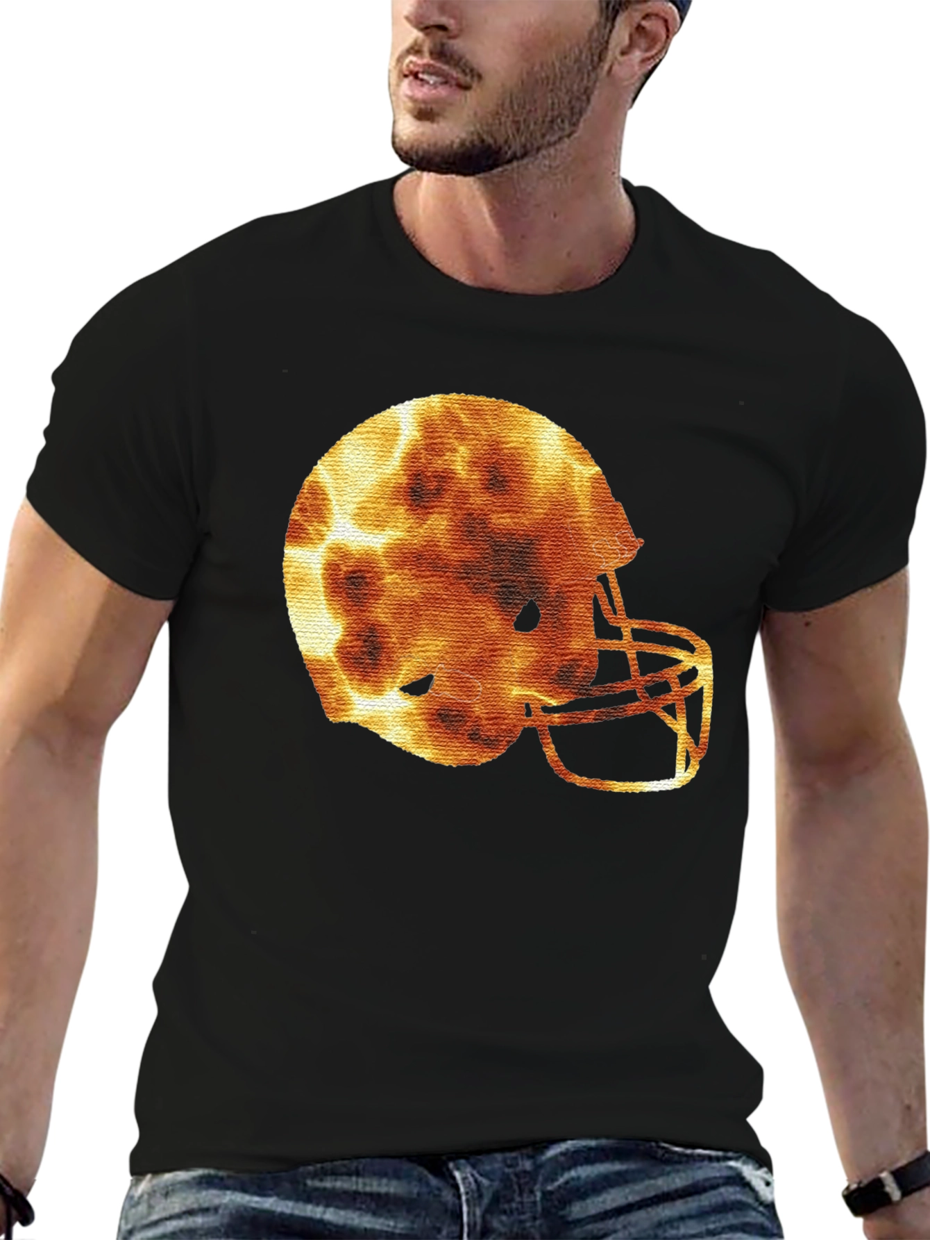 Fiery Football Helmet Graphic Tee - Sporty Design