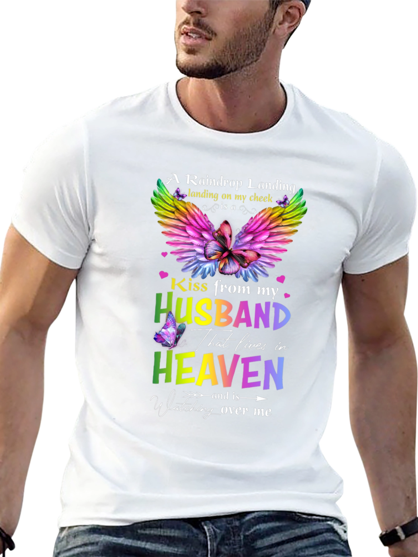 Husband in Heaven Memorial T-Shirt Butterfly Rainbow