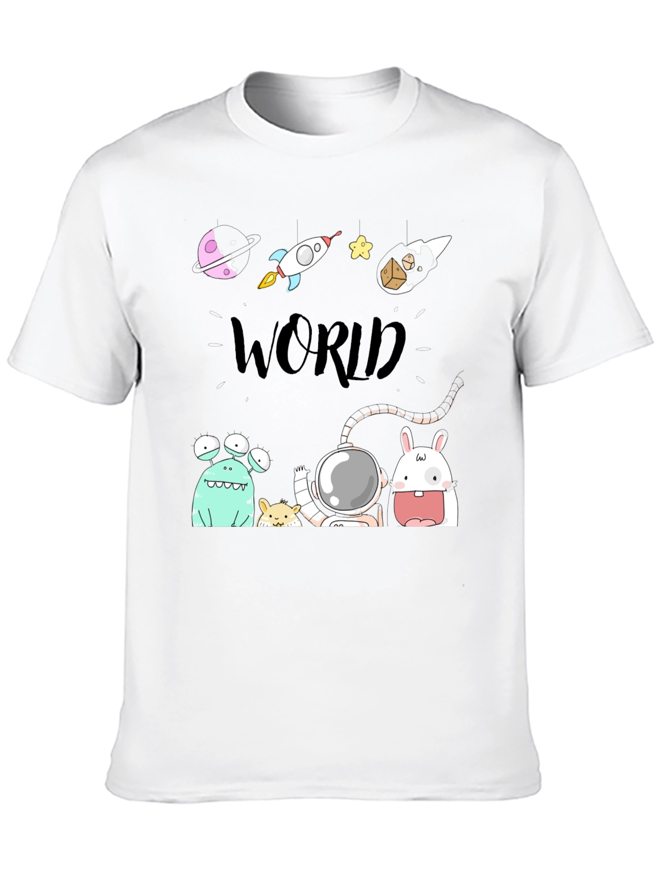 Cartoon Space World Black Graphic Tee