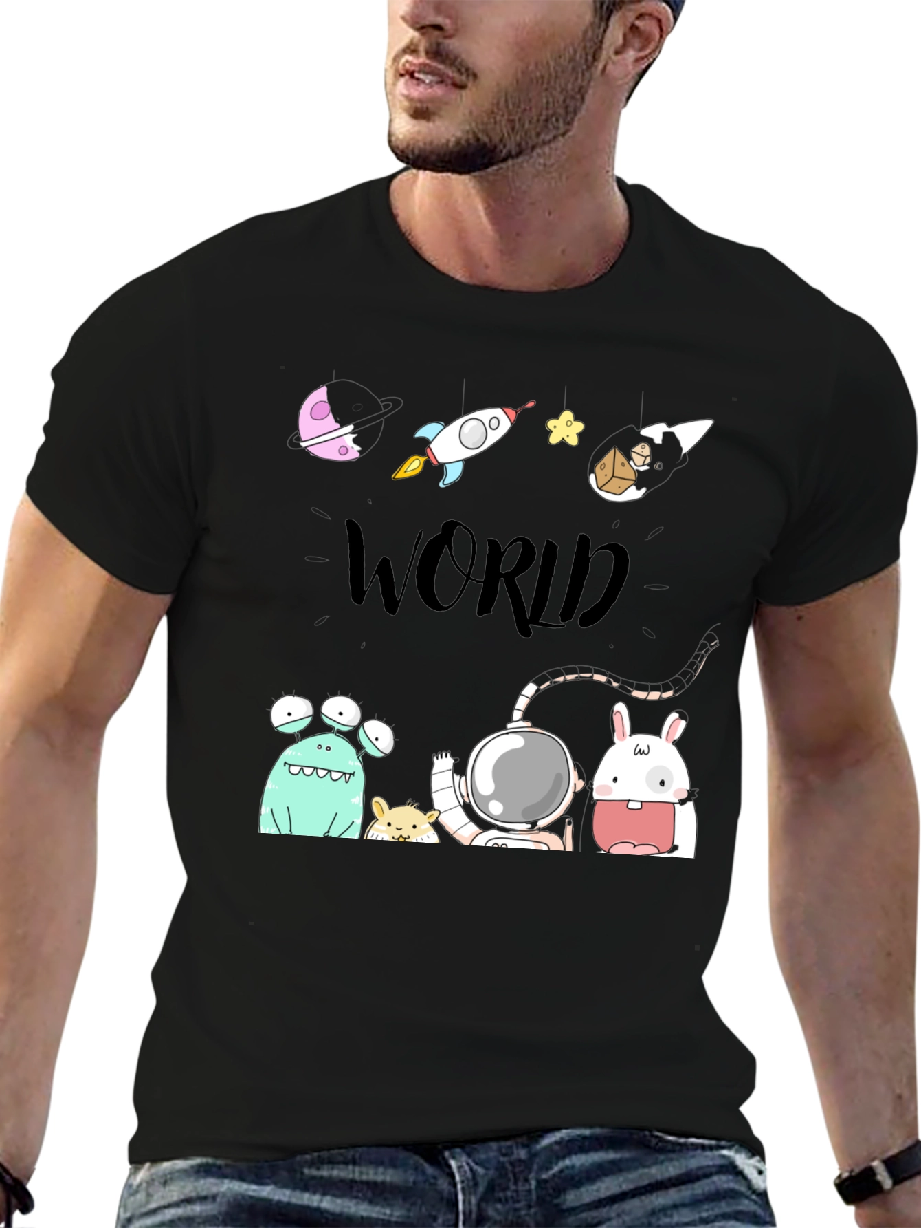 Cartoon Space World Black Graphic Tee