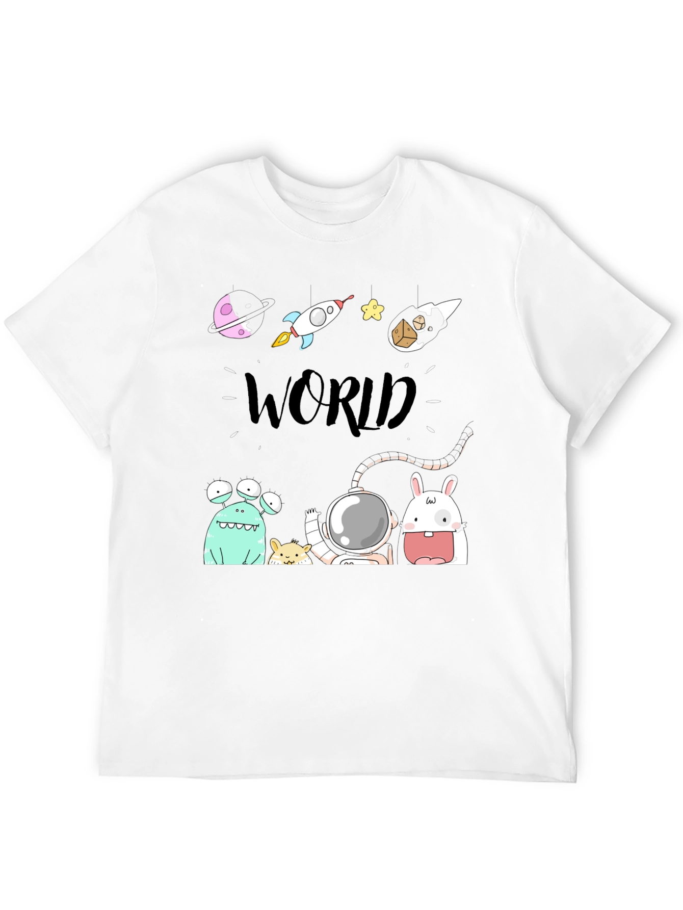 Cartoon Space World Black Graphic Tee