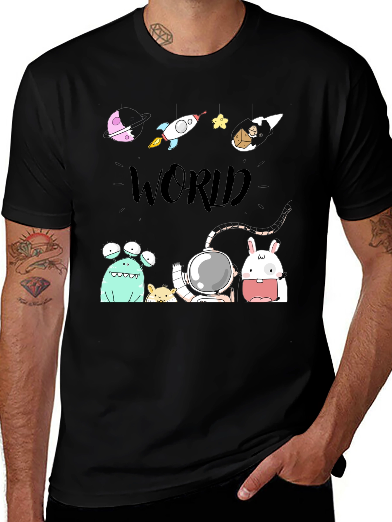 Cartoon Space World Black Graphic Tee