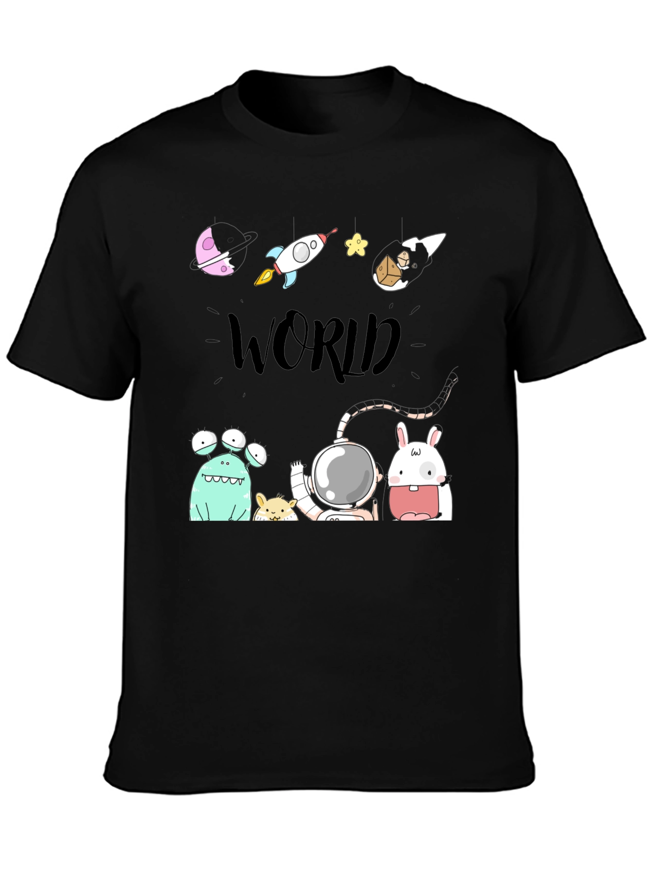 Cartoon Space World Black Graphic Tee