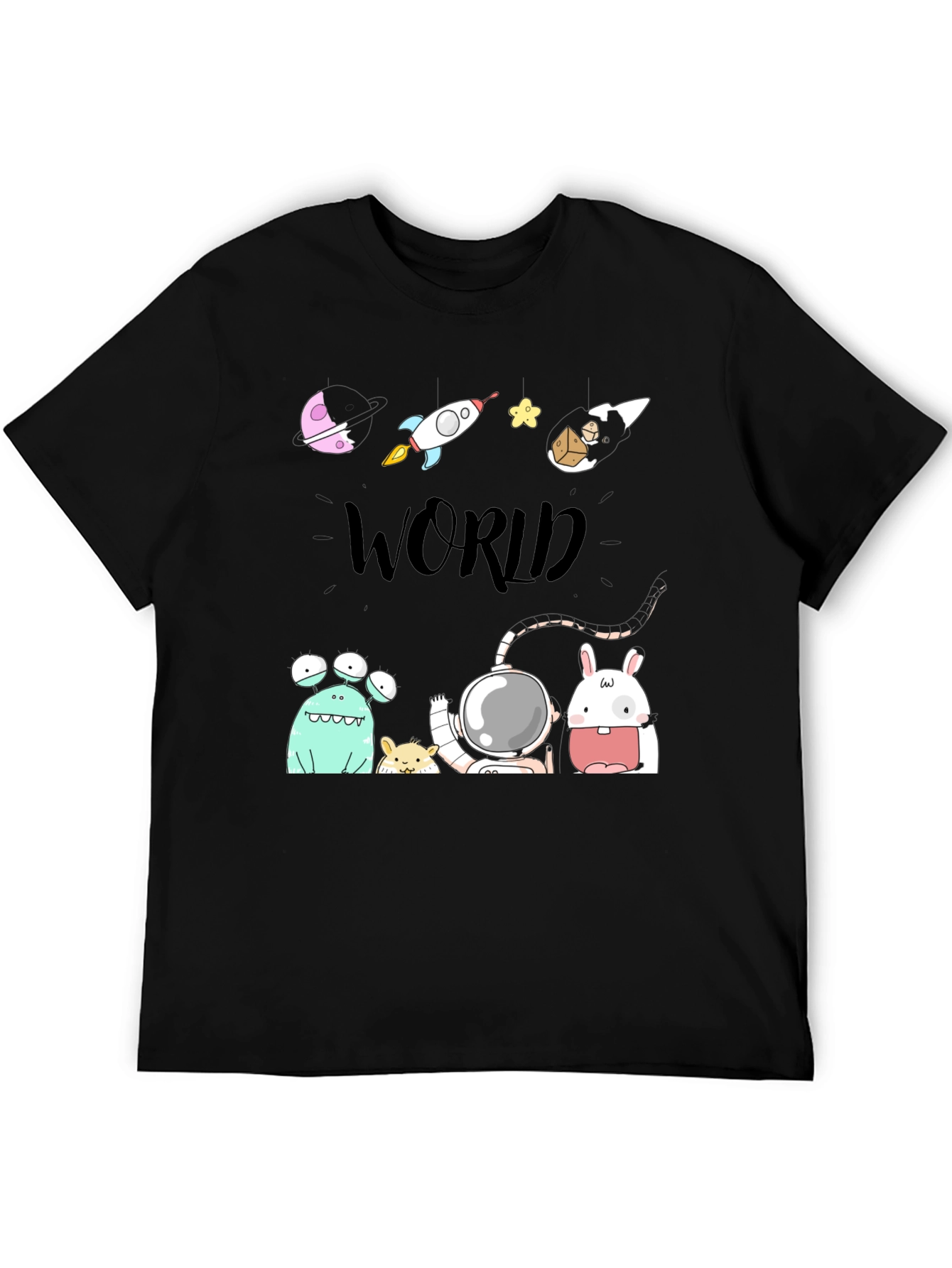 Cartoon Space World Black Graphic Tee
