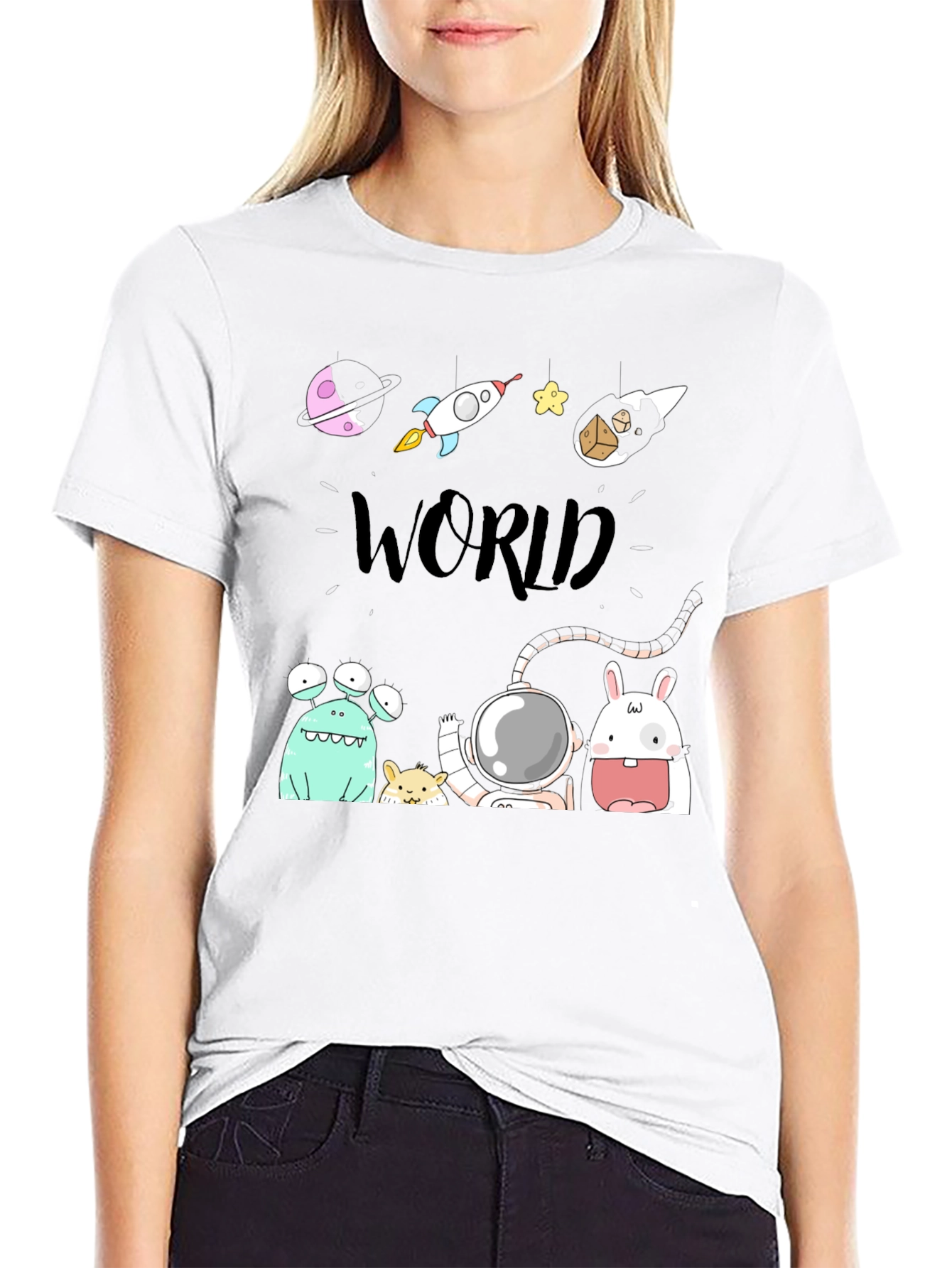 Cartoon Space World Black Graphic Tee