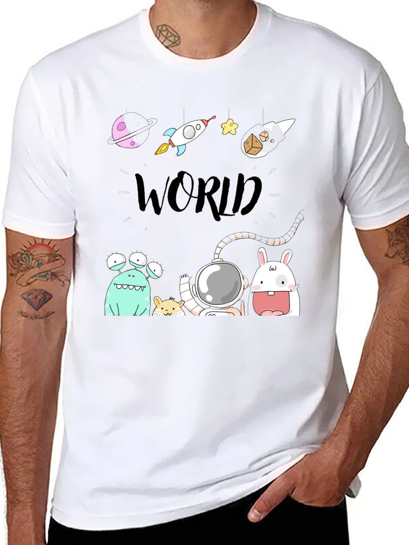 Cartoon Space World Black Graphic Tee
