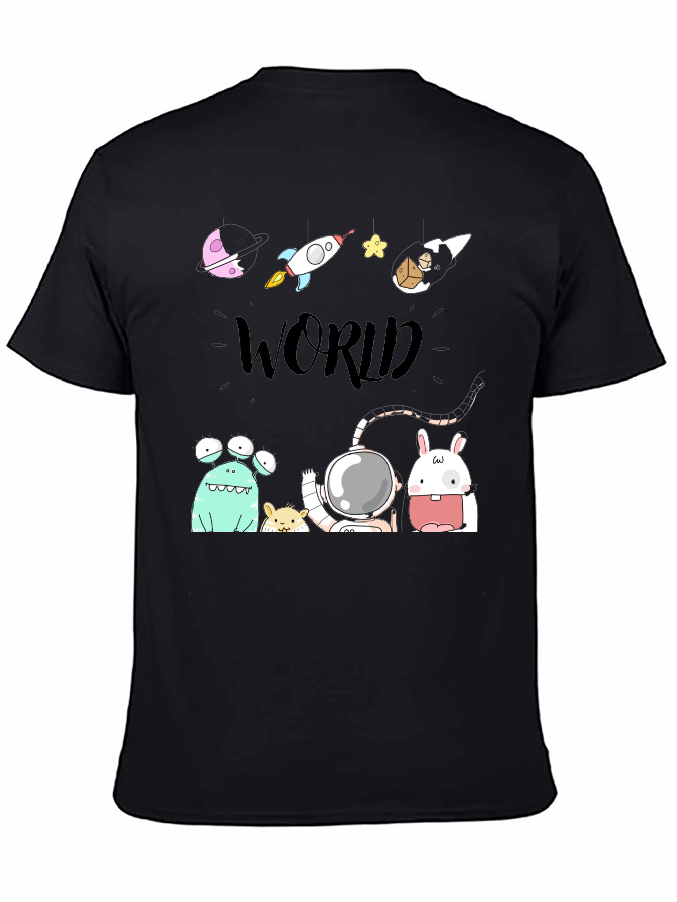 Cartoon Space World Black Graphic Tee