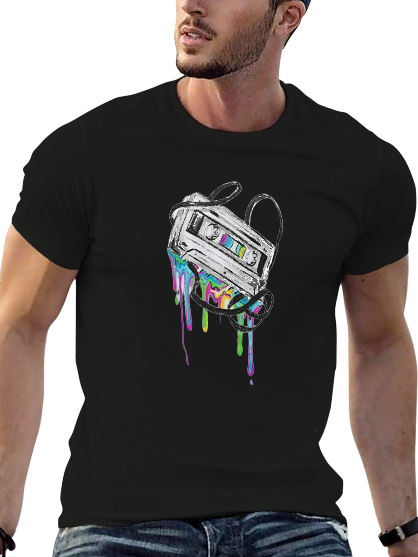 Retro Cassette Tape Drip Graphic Tee - Black