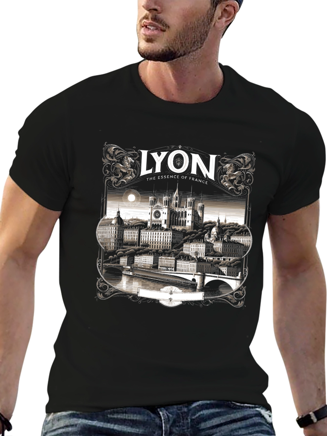 Lyon France Graphic Tee - Black Crew Neck T-Shirt