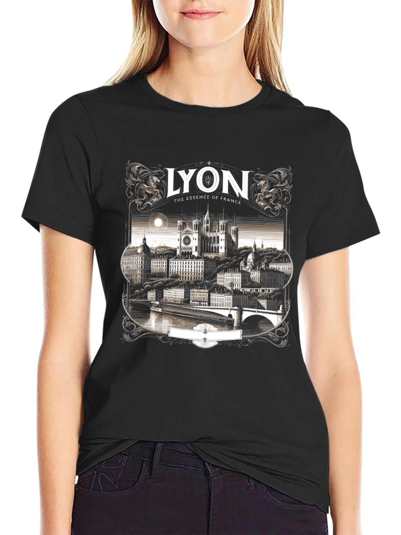 Lyon France Graphic Tee - Black Crew Neck T-Shirt