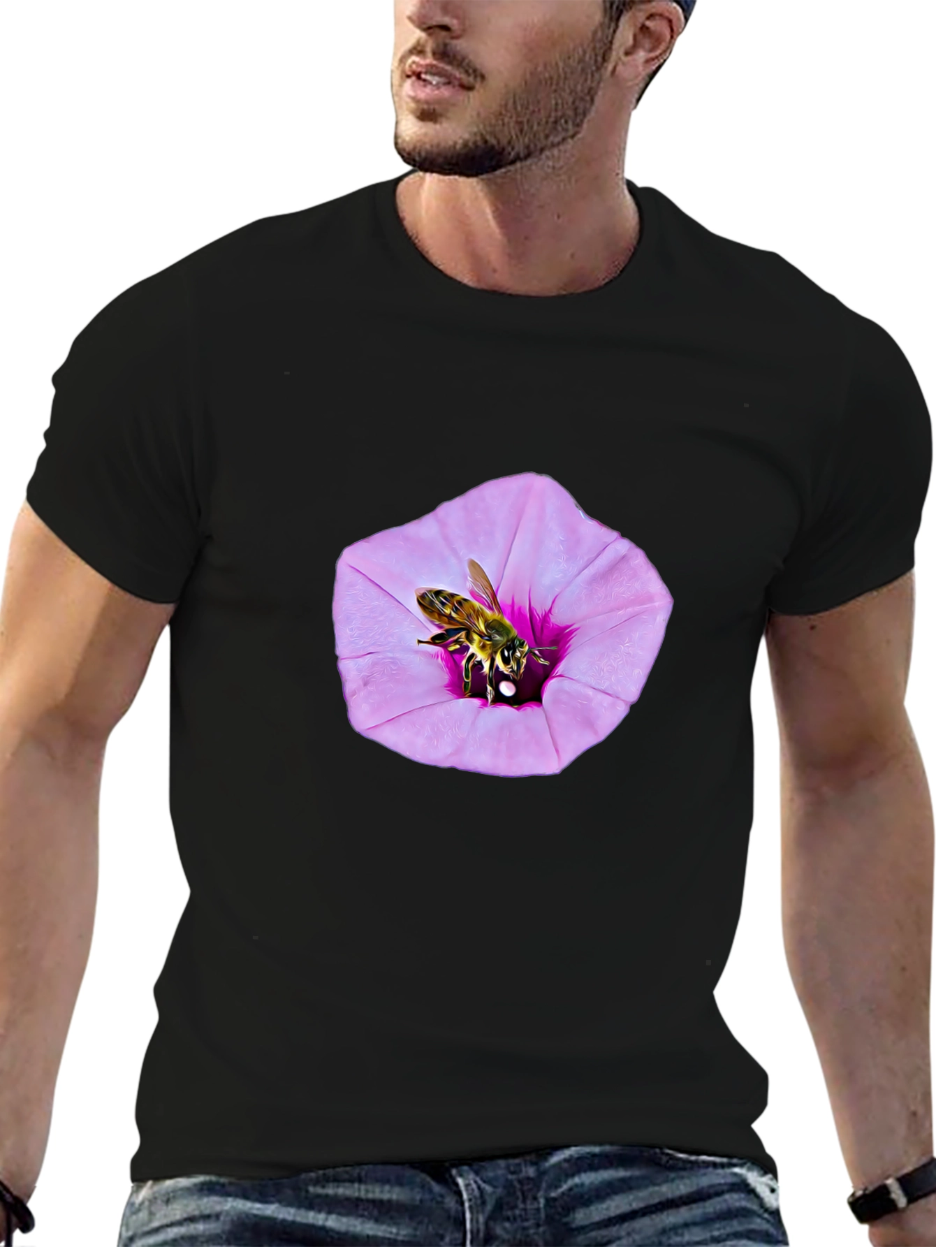 Bee on Flower Graphic T-Shirt - Black