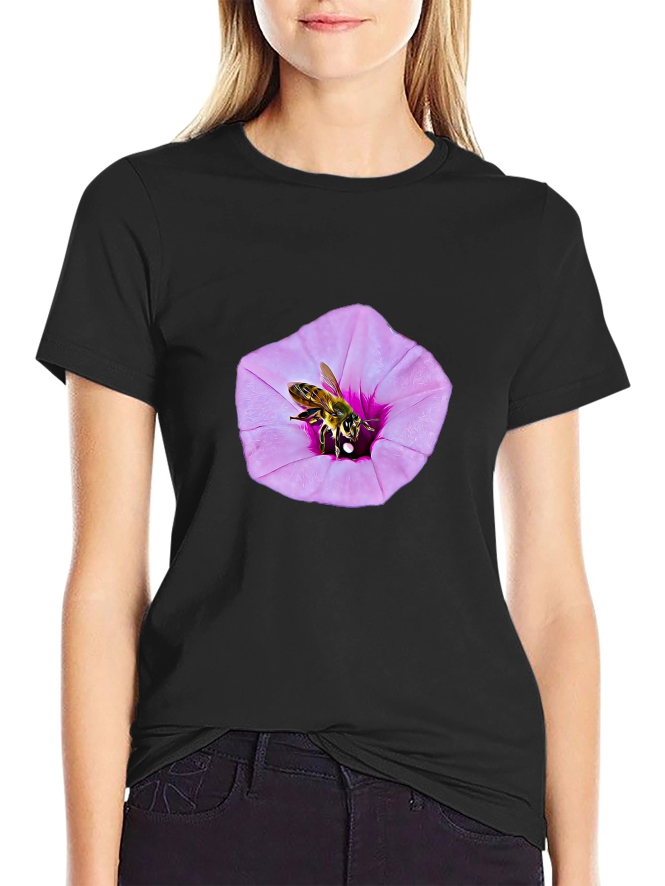 Bee on Flower Graphic T-Shirt - Black