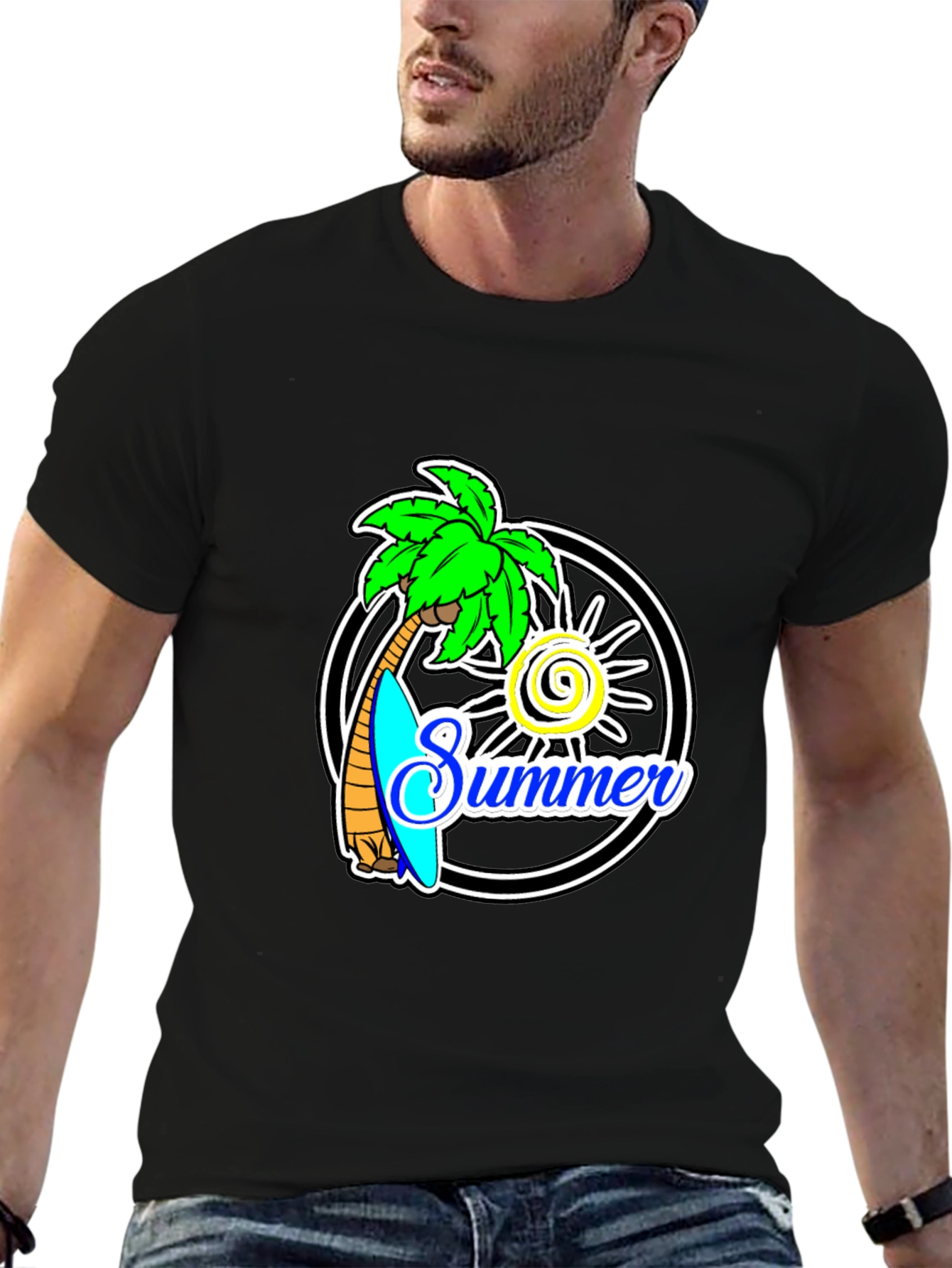 Summer Palm Tree Graphic Black T-Shirt