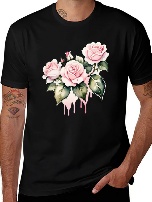 Black T-Shirt with Floral Rose Design