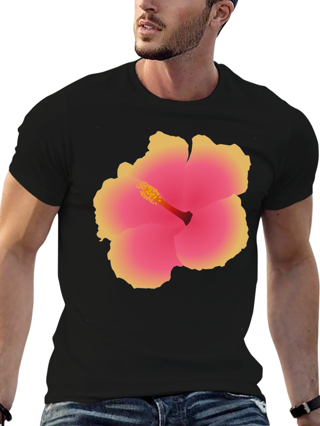 Tropical Hibiscus Flower Graphic Tee - Black