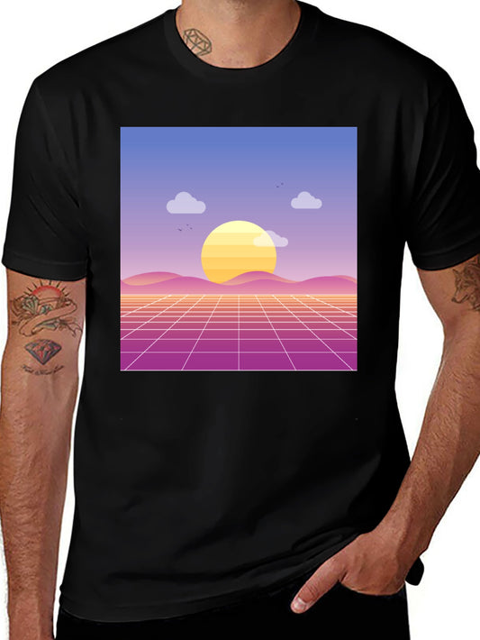 Retro Sunset Graphic Tee - Black Cotton Blend